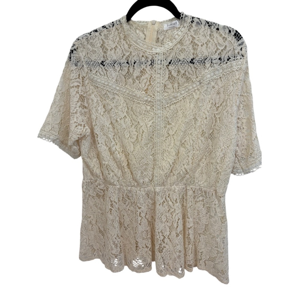 Tobrief Plus Size 2 X Ivory Lace Back Zip Elastic Waist Short Sleeve Blouse